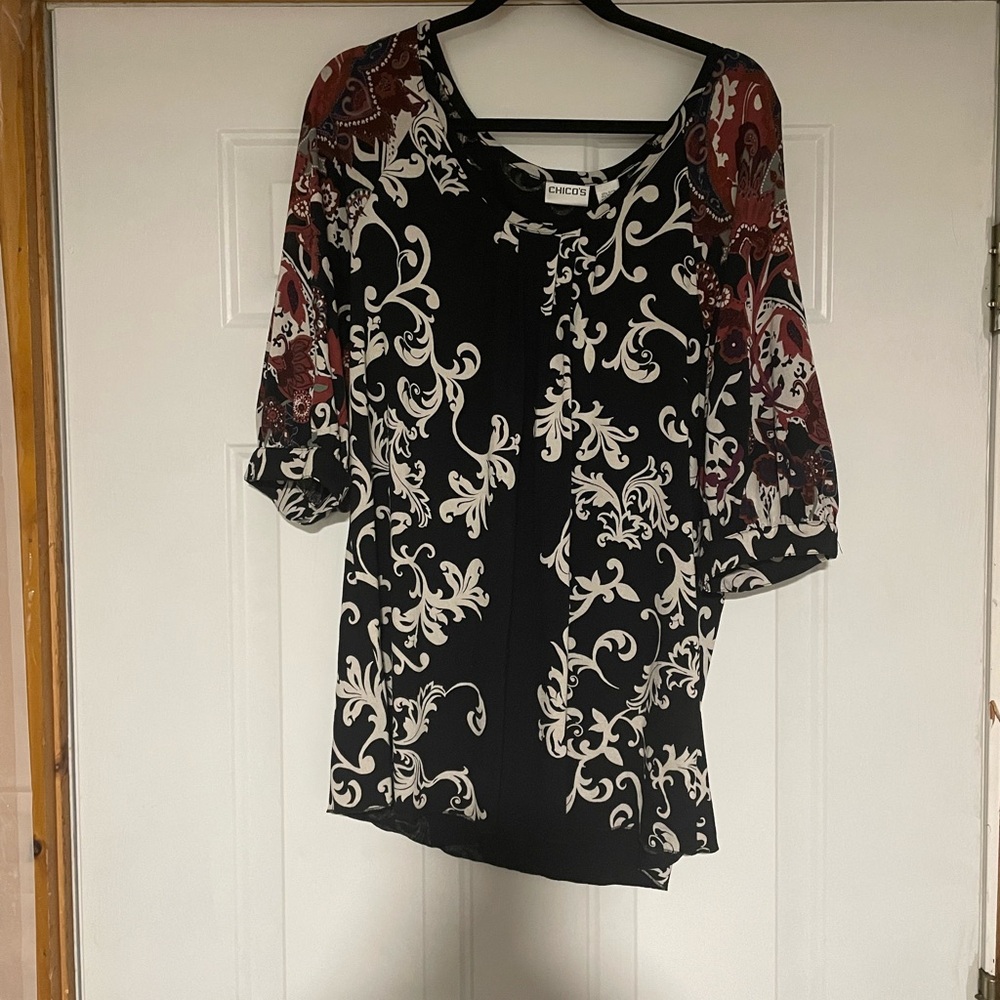 Chico's Black and Cream Floral Women's Blouse, Sz3 or 3X